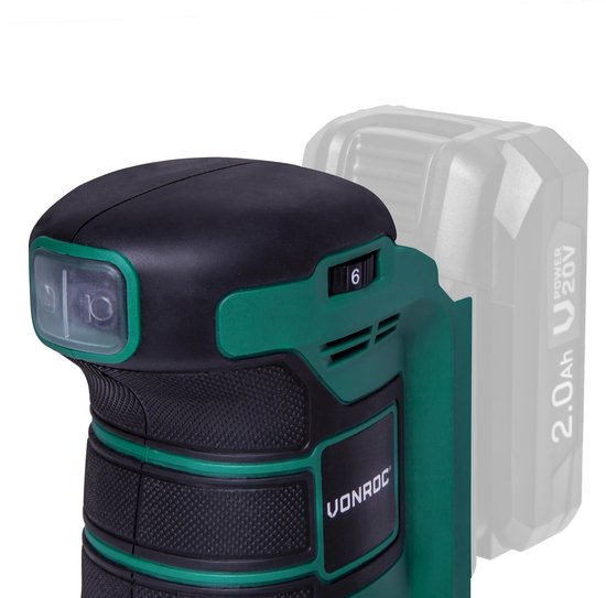 VONROC Random Orbit Sander - VPower 20V - Sans batterie ni chargeur - Ø125mm - Avec sac à poussière et 12 morceaux de papier de verre