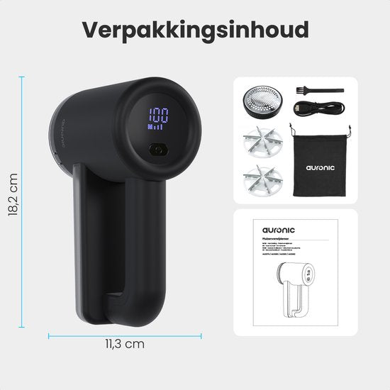 Auronic Electric Lint Remover Pro - Tondeuse à peluches - Rechargeable - Affichage LED - 3 étapes - Défoliateur - Noir