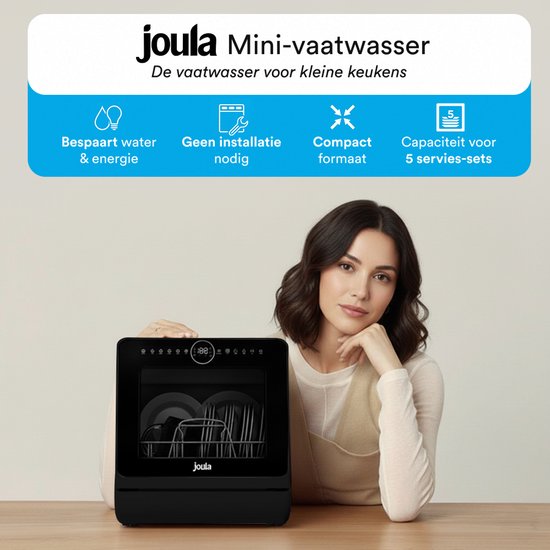 Joula Mini lave-vaisselle avec réservoir d'eau - 8 programmes de lavage - 5 couvercles - Petit lave-vaisselle étroit à poser - Camping - Noir