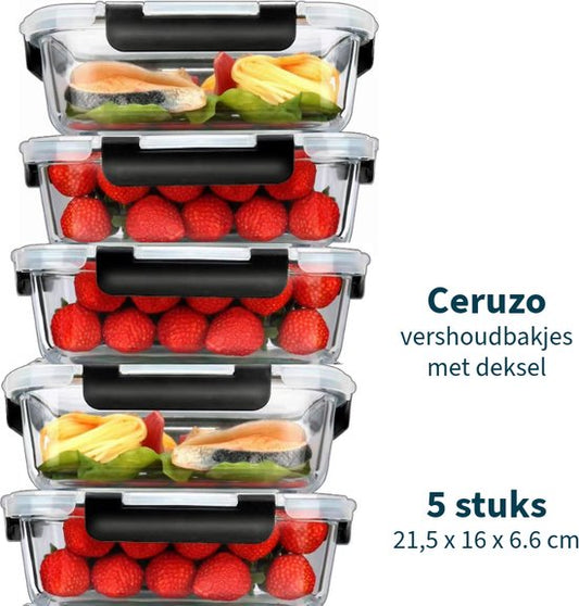 Ceruzo Meal Prep Trays - 5 pièces Plateaux fraîcheur - Verre borosilicaté - hermétique - 21,5 x 16 x H6,6 cm