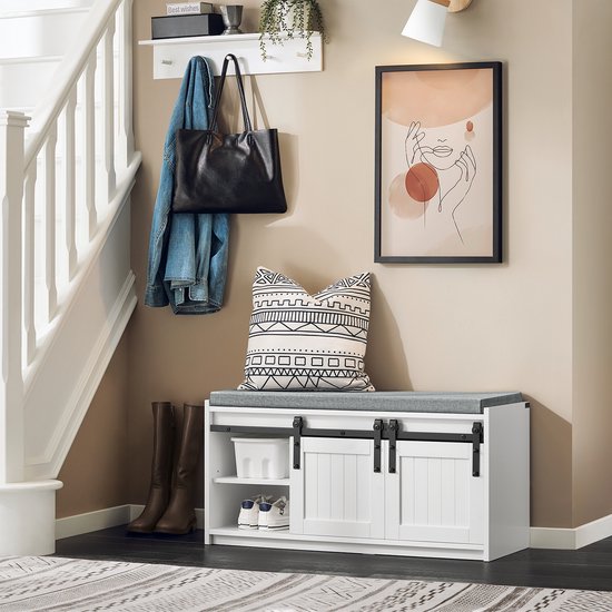 SoBuy Meuble d'entrée avec portes coulissantes, banc à chaussures à 6 compartiments pour l'entrée, 90x35x46 cm, blanc, FSR133-K-W
