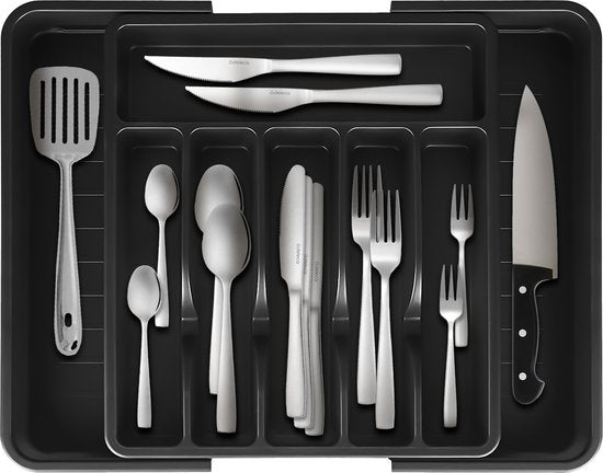 Deleca Range-couverts coulissant avec 8 compartiments - Range-couverts pour tiroir - Range-couverts pour tiroir de cuisine - Porte-couverts pour la cuisine - 57 x 38 cm - Plastique / Noir