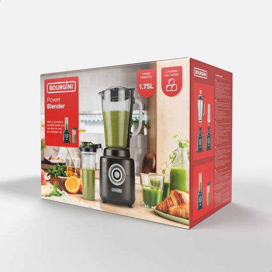 Bourgini PowerBlender - 1.75L - Blender à emporter avec gobelet de 700ml - Blender smoothie et broyeur de glace - 1000 watts - Noir