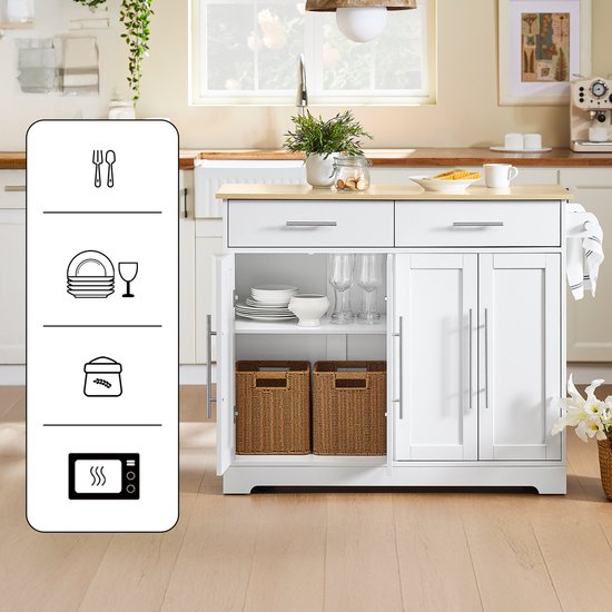 SoBuy FKW129-WN Chariot de cuisine sur roulettes - Ilot de cuisine avec plan de travail coulissant, 2 tiroirs et étagères réglables - Chariot de cuisine mobile ou meuble de table à manger, blanc 113x91x(44-69) cm