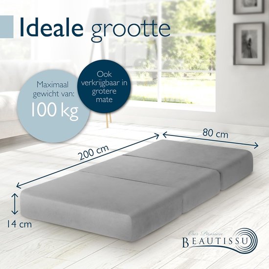 Beautissu VS95 - Matelas pliable Premium L 80X200cm - Matelas pliable extra épais en mousse à mémoire de forme H3 de 14cm - Lavable - Transport facile - Gris