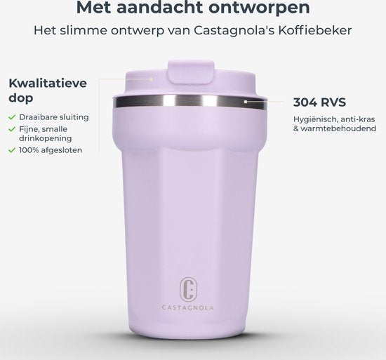 Castagnola Thermos Cup - Coffee Mug To Go - Travel Mug for Coffee and Tea - Tea Mug - 380 ML - Stainless Steel - Light Purple - Octagon
