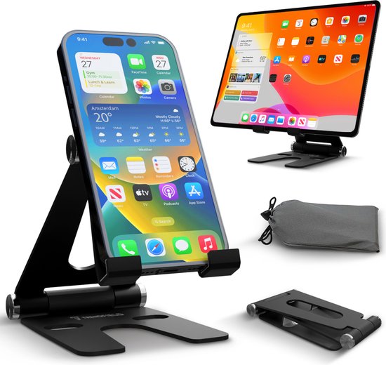 Serve Phone Stand XL - Support en aluminium pour téléphone portable et tablette - Support de téléphone pour bureau - Support de téléphone pliable TTH105 - Noir