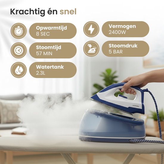 Vapore Fer à vapeur avec générateur de vapeur - 8 Sec Warm-up - 2400W - 5 Bar - 2.3L Tank - 57 Min Steam - Iron with Station - Ceramic Sole Plate