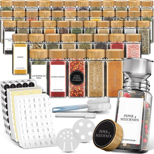 Soothe 48 pots à épices carrés en verre avec couvercle en bambou - 2 types de couvercles à saupoudrer - Spice Spreader - pots à épices - Set complet avec stickers à épices, stick à craie et accessoires - 120ml