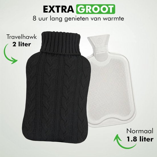 Travelhawk Jug XL - 2 litres - Cruche d'eau chaude - Avec couvercle en laine - Cruches - Pour les maux d'estomac, la cruche ou la douleur - Noir