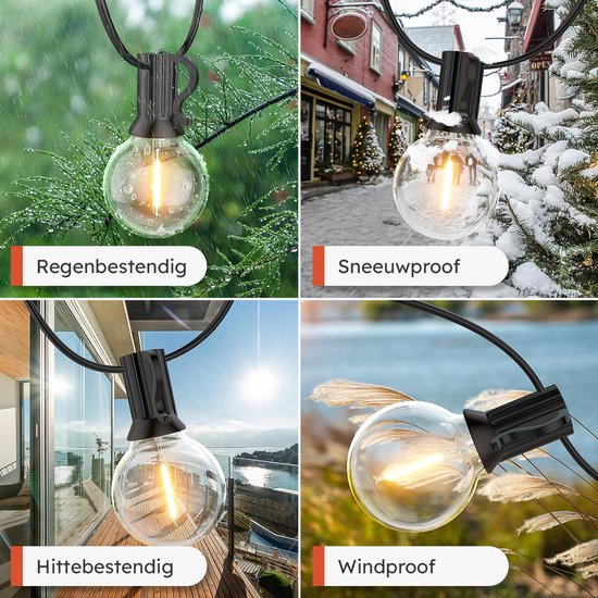 Partizzle Guirlande lumineuse étanche de 15m - Guirlande de 25 LEDs - Guirlande lumineuse de Noël pour l'extérieur, la terrasse et le camping - Lumières de Noël / Lumières de jardin - 2700k / Blanc chaud
