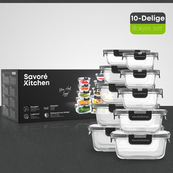 Savoré Kitchen Preserving Trays Set - Meal Prep Trays - Freezer Trays Glass - Airtight - 10 Pieces
