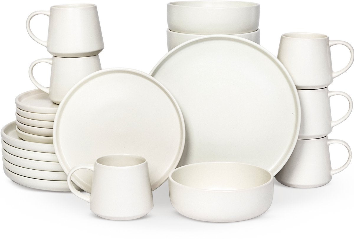 Deleca Service de table 6 personnes Kyoto - Tasses à café avec oreille / Bols / Grandes assiettes et petites assiettes - Style Japonais - Faïence massive - Blanc crème / 24 pièces