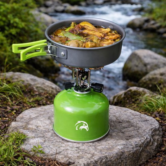 Travelhawk Batterie de cuisine de camping - Batterie de casseroles - Aluminium - 8 pièces - Batterie de casseroles de camping - Comprend une éponge, une spatule, une cuillère, des bols et un sac de transport pratique.