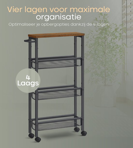 O'DADDY® Kitchen Trolley - Chariot à roulettes étroit - Ilot de cuisine - Chariot de service - Chariot de cuisine à roulettes - Chariot de cuisine - Design industriel - Bois brun - Métal noir