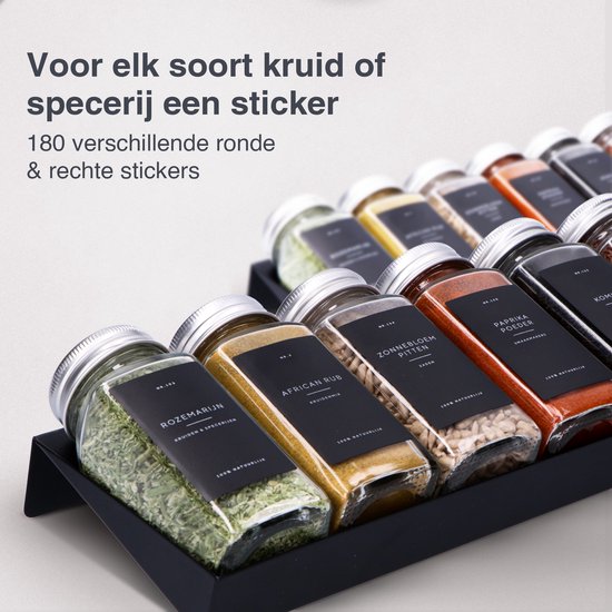 Deleca 180x Etiquettes pour bocaux - Etiquettes rondes et rectangulaires - Etiquettes pour bocaux de stockage et d'épices - Waterproof - Dutch/Black