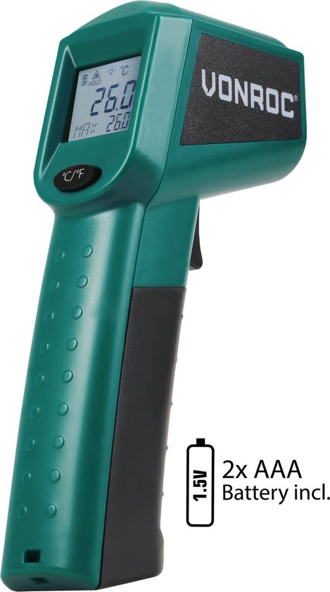 VONROC Thermomètre numérique infrarouge - Laser - Plage de mesure -40°C à 530°C - 2 piles incluses