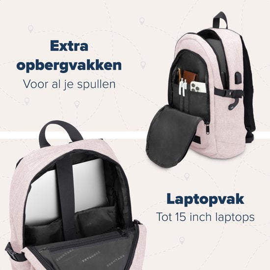 TRVLMORE Sac à dos - 25L - 15.6 Inch - Sac à dos pour ordinateur portable avec USB - Cartable - Homme et Femme - Sac Rose