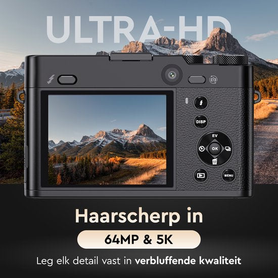 K&L Appareil photo numérique 5K - 64MP - Zoom optique 6X - Appareil photo - Caméra compacte - Caméra Vlog - Idéal pour les débutants - 64GB inclus - NL Software