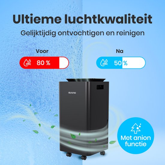Déshumidificateur et purificateur d'air Auronic - Série Pro - 12L par jour - Fonction Lavage-Séchage - Chambre à coucher, salle de bain et salon - Déshumidificateur pour la maison - Noir