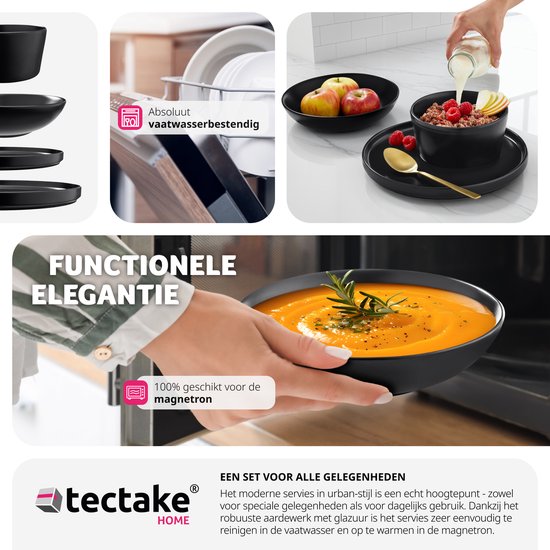 tectake® Service de table Una - 24 pièces - Faïence 6 personnes - Elégant, durable et idéal pour un usage quotidien ou des occasions festives - Grandes et petites assiettes, bols/plats - noir mat