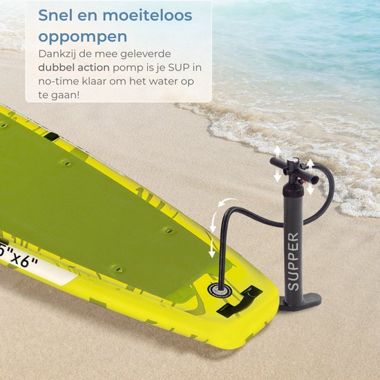 Supper Sup Board XL - Max. 220KG - Gonflable - Planche à pagaie - Pagaie réglable - Etui de téléphone étanche - Pompe - Palmes - Leash - Sac de transport - Touring 381 x 81 cm - Vert lime