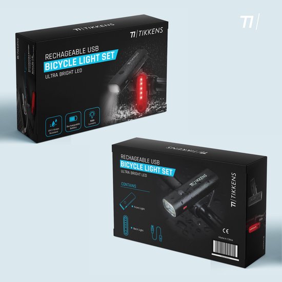 TIKKENS Kit d'éclairage LED pour vélo - Eclairage vélo USB rechargeable - Eclairage vélo avant et arrière - Eclairage VTT et vélo de route - Eclairage vélo avant et arrière étanche