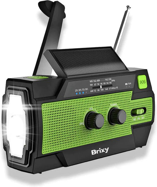 Radio d'urgence Brixy - Radio avec batterie pour les urgences - 4000 MAH - rembobinable - solaire - lampe de poche - powerbank - vert