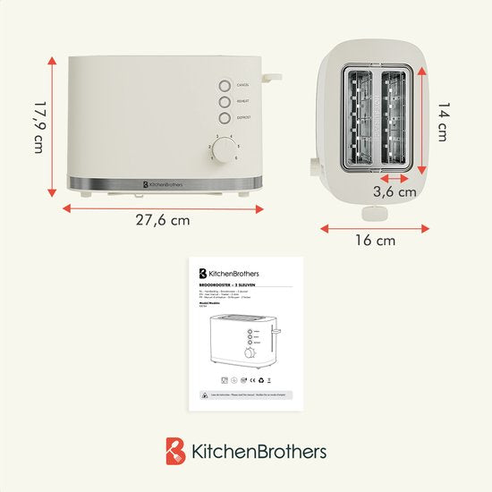 Grille pain - KitchenBrothers - Toaster - 6 niveaux de chaleur - 2 fentes extra-larges - 870W - Beige
