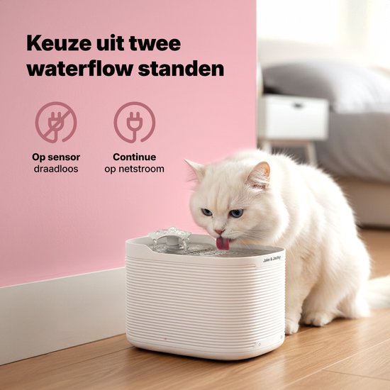 Jake & Jacky Abreuvoir inox sans fil pour chat et chien - Avec capteur et pile - Fontaine à eau pour chat - Abreuvoir pour chat - Bol à eau - Silencieux - Filtre inclus - 2.5L - Blanc