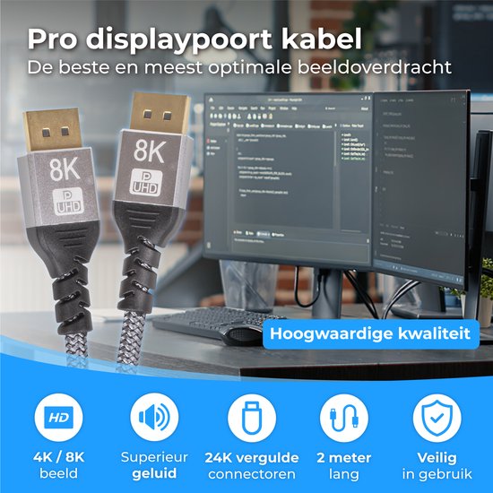 Nuvance - Câble Displayport - Câble d'affichage de 2 mètres - jusqu'à 32,4GBps - 8K Ultra HD - pour TV, ordinateur, moniteur, projecteur & Beamer - Display Port