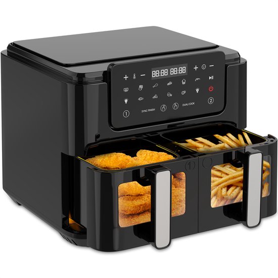 Strex Airfryer XXL - 10L - 2500W - Friteuse à air chaud - Double Airfryer - 50ºC à 200ºC - 10 programmes de cuisson - Noir