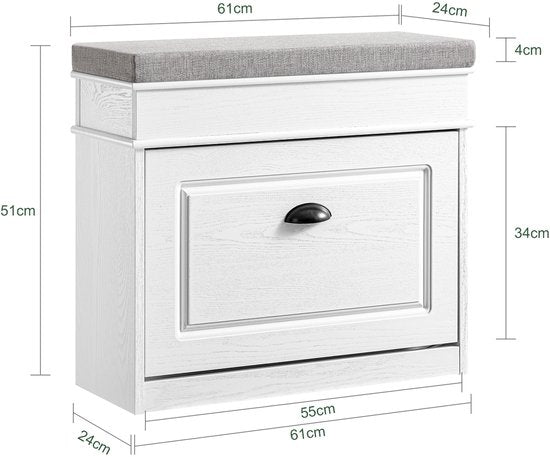 SoBuy FSR82-K-WG Meuble à chaussures banc d'entrée - banc à chaussures avec siège de toilette et coussin de rangement pour chaussures pour hall d'entrée, salon 61 x 24 x 51 cm, capacité 113 kg, blanc effet bois antique