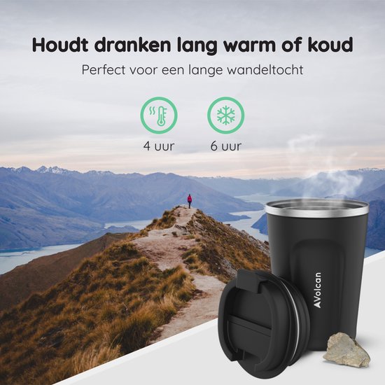 Tasse à café To Go en acier inoxydable Volcan - Tasse thermos - Etanche - Tasse à thé - 380ml - Noir