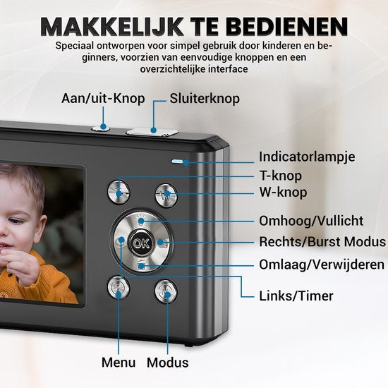 Appareil photo numérique K&L - Caméra photo - Caméra compacte - Caméra Vlog - Pour les enfants - Comprend 32GB - NL Software