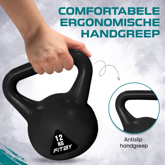 Fitby Kettlebell 12KG - Kettlebell - Fitness - Poids - Convient pour CrossFit & Fitness - Entraînement physique - Noir