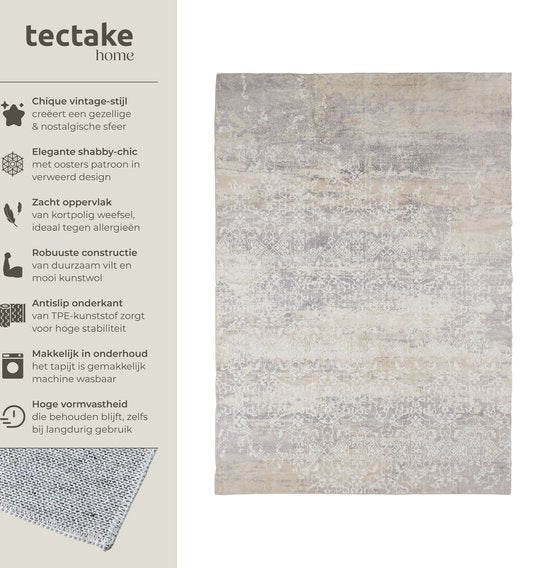 tectake® Tapis design vintage - Dalia - Tapis à poils ras pour le salon, la chambre d'enfant, la chambre à coucher ou le couloir - Lavable - Dim. div. - 200x274cm - beige