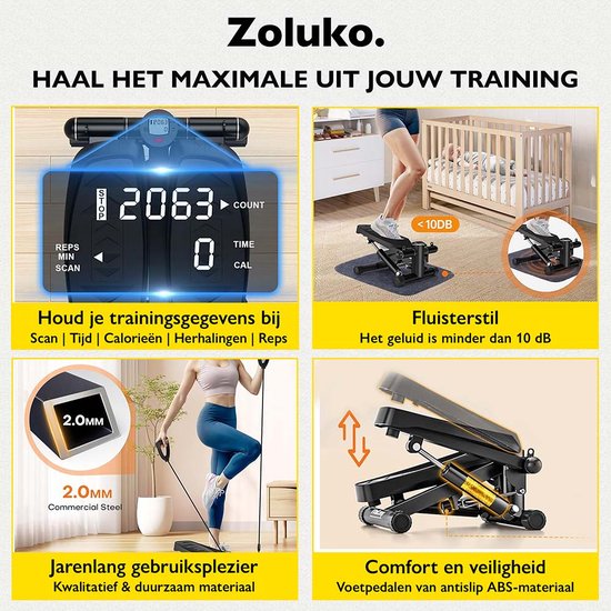 Zoluko Stepper with Display - Includes Resistance Bands, Anti-slip mat and E-Book - Stepper Fitness - Fitness Step - Mini Stepper - Step Fitness - Aerobic Step - Step - Stepper Fitness Device - Exercise Bike - Black