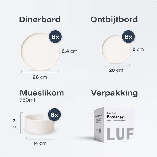 Service de vaisselle Luft 6 personnes - Service d'assiettes de restaurant - Bols - Assiettes plates - Moderne - Faïence massive, céramique - Crème/beige/blanc - 18 pièces
