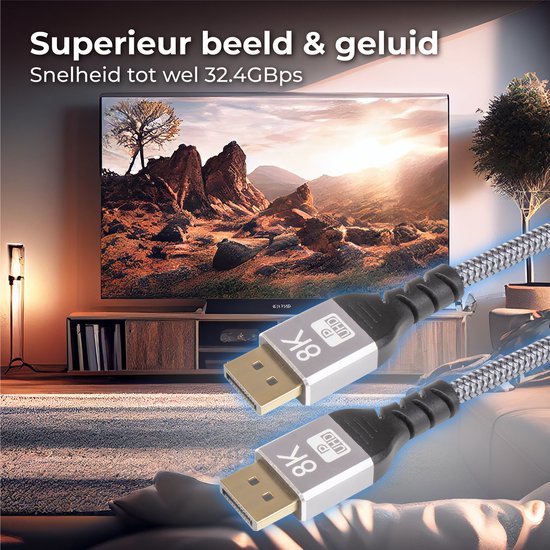Nuvance - Câble Displayport - Câble d'affichage de 2 mètres - jusqu'à 32,4GBps - 8K Ultra HD - pour TV, ordinateur, moniteur, projecteur & Beamer - Display Port