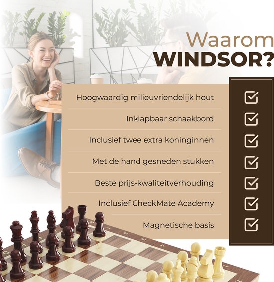 Échiquier Windsor - avec pièces - 30 cm - Annotations - Jeu d'échecs - Jeu d'échecs magnétique - Jeu d'échecs - Bois