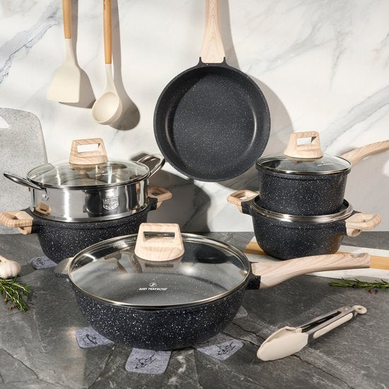 Just Perfecto 15 Piece Induction Cookware Set - Black Cookware Set With Lid For Gas and Induction - PFAS free - Cold grips