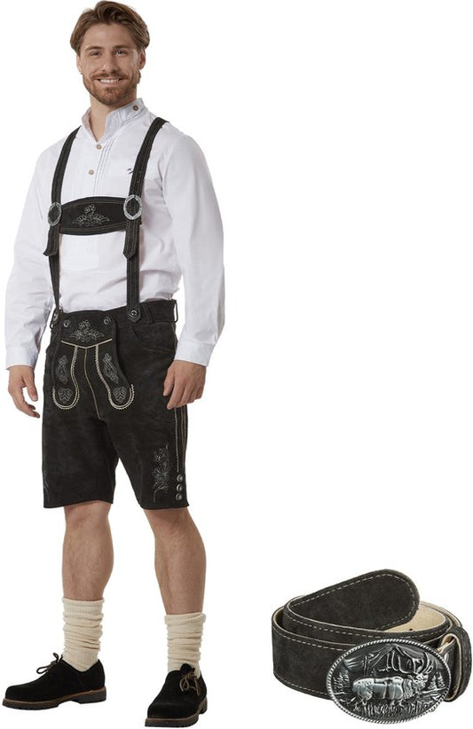 Dressforfun Authentique Lederhosen courte Jannis - Avec ceinture et bretelles - Cuir véritable - Noir - 54 - Oktoberfest Dress Man - Costume d'homme - Dress Up - Costume allemand - Robe de carnaval - Gilet de costume - Pantalon traditionnel en cuir