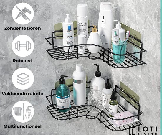 Loti Living Support de douche sans perçage - Forme d'angle - 2 pièces - Support de douche suspendu - Support de douche sans perçage - Support de douche 2 pièces - Support de douche noir - Support de douche sur mur de douche - Bande adhésive