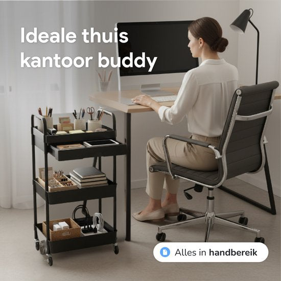Chariot de cuisine avec tiroir sur roulettes - 3 étages - Étagère de cuisine - Chariot de service - Armoire - Chariot - Rangement - Armoires de douche sur pied - Étagère - Noir - Luft