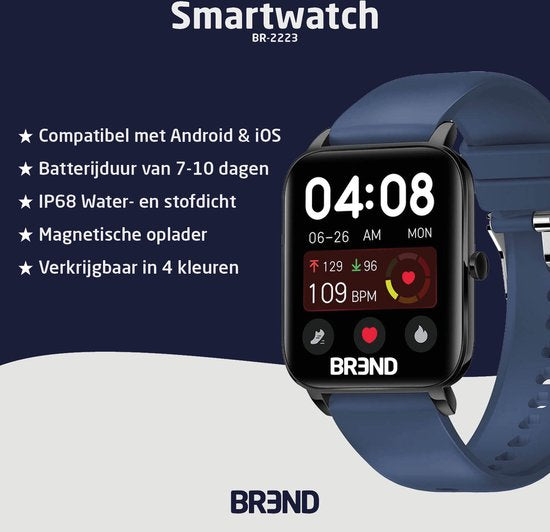 BREND Smartwatch pour femmes et hommes - podomètre, tensiomètre et cardiofréquencemètre - montre de sport - étanche - bleu
