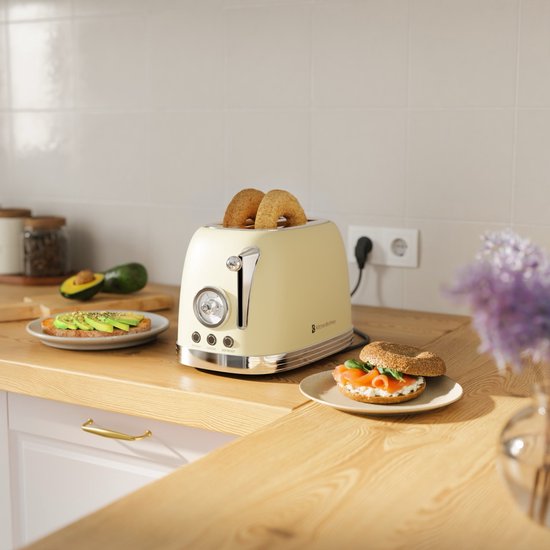 KitchenBrothers Retro Toaster - Grille-pain - 6 niveaux de chaleur - 2 fentes extra-larges - 815W - Beige