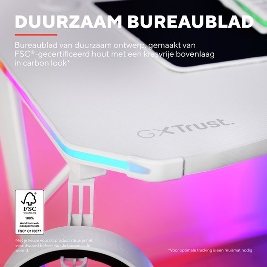 Trust GXT 709W Luminus Gaming Desk - Eclairage RGB - Porte-gobelet - Porte-casque - Blanc