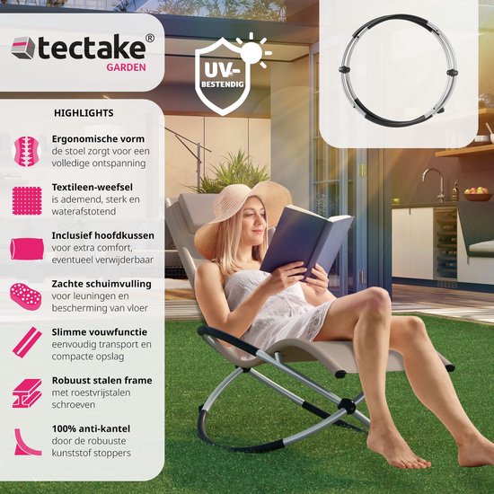 tectake® - chaise longue - ergonomique, pliable - Capacité 150 kg - beige -