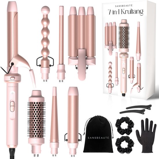 Sansbeauté® 7 en 1 Fer à boucler avec pince et gaufrier - Fer à boucler en céramique - 13mm à 38mm - Fer à gaufrer - Brosse pour sèche-cheveux cheveux courts - Brosse chauffante - Fer à boucler - Brosse thermique - Styler les cheveux - Brosse à boucler 5